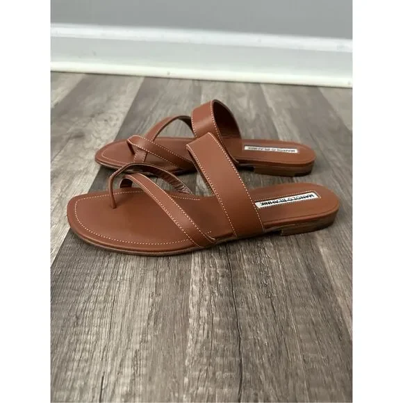 MANOLO BLAHNIK  Brown Leather Sandals - Picture 8 of 9